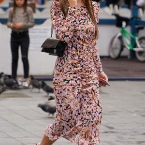 Zara Pink Floral Long-Sleeve Midi Dress